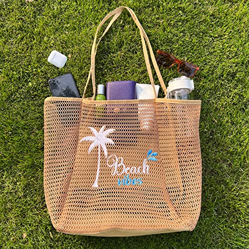 ukia Mesh Beach Tote, Large Capacity Beach Bags for Women Foldable Beach Tote Bag with Zipper Pocket3