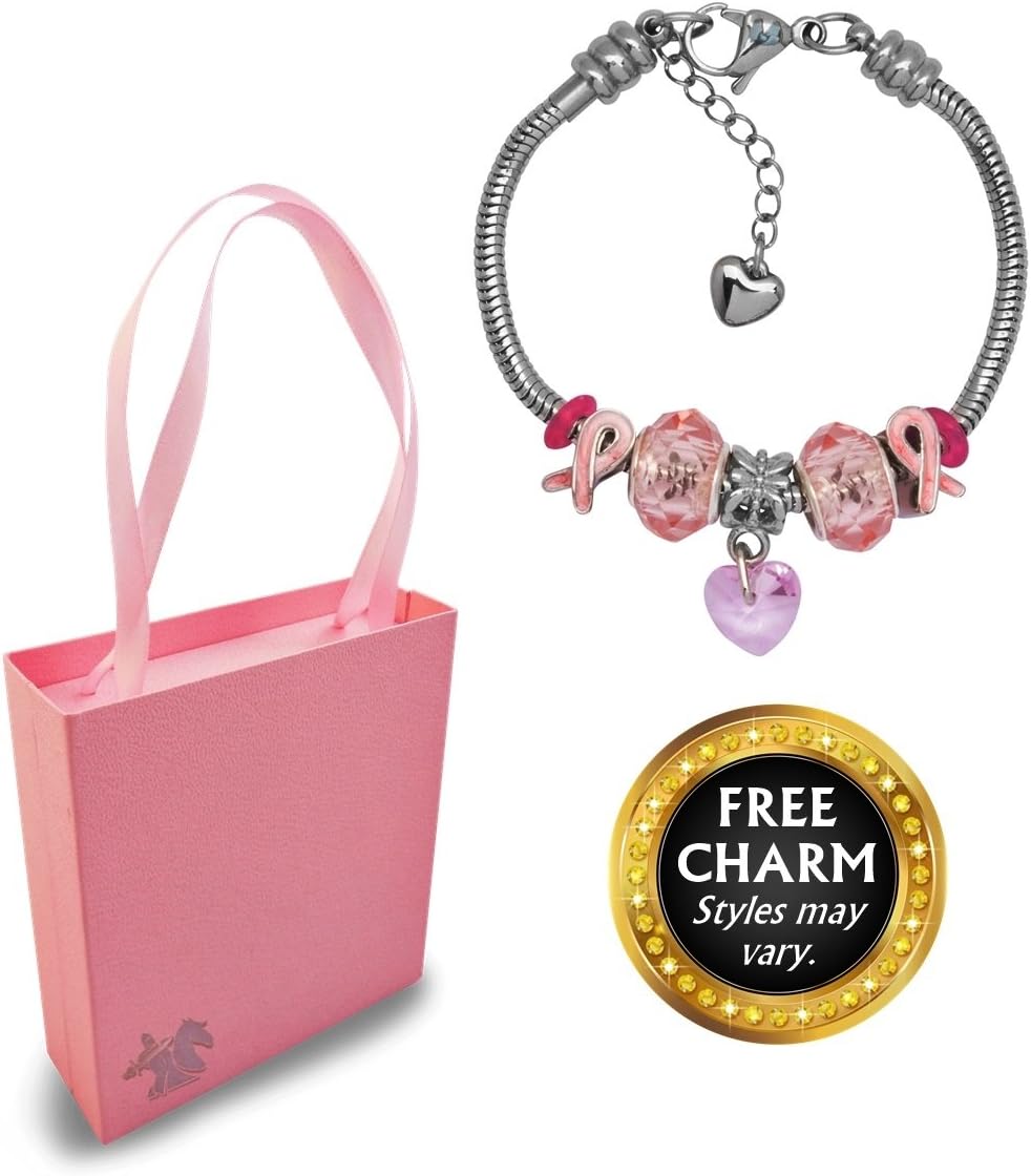 European Charm Bracelet with Bead Charms for Women, Stainless Steel Snake Chain, Pink Awareness Ribbon Heart