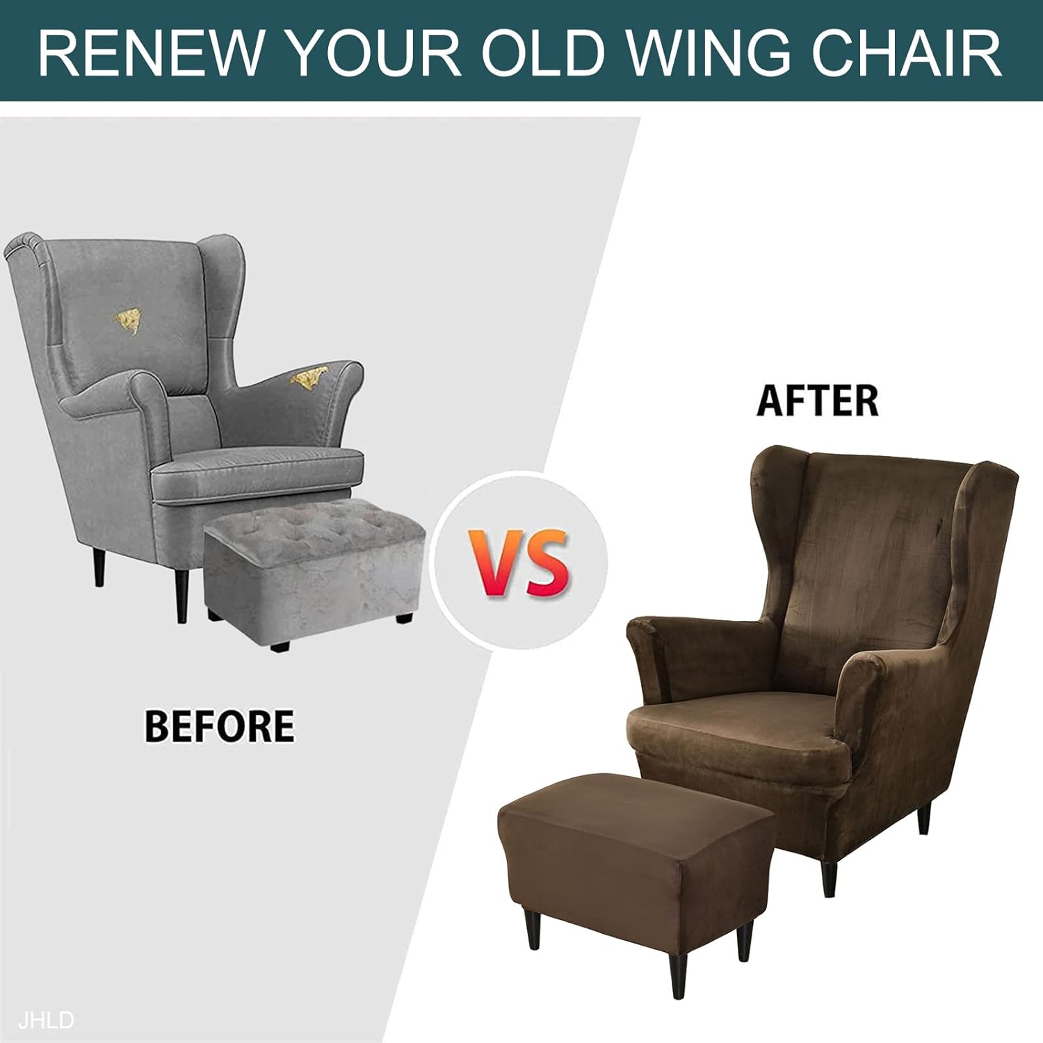 Velvet Stretch Wing Chair Cover Set, Wingback Chair Cover with Ottoman Slipcovers with Elastic Bottom Armchair Chair Slipcovers for Dogs -Coffee-3 Pieces…
