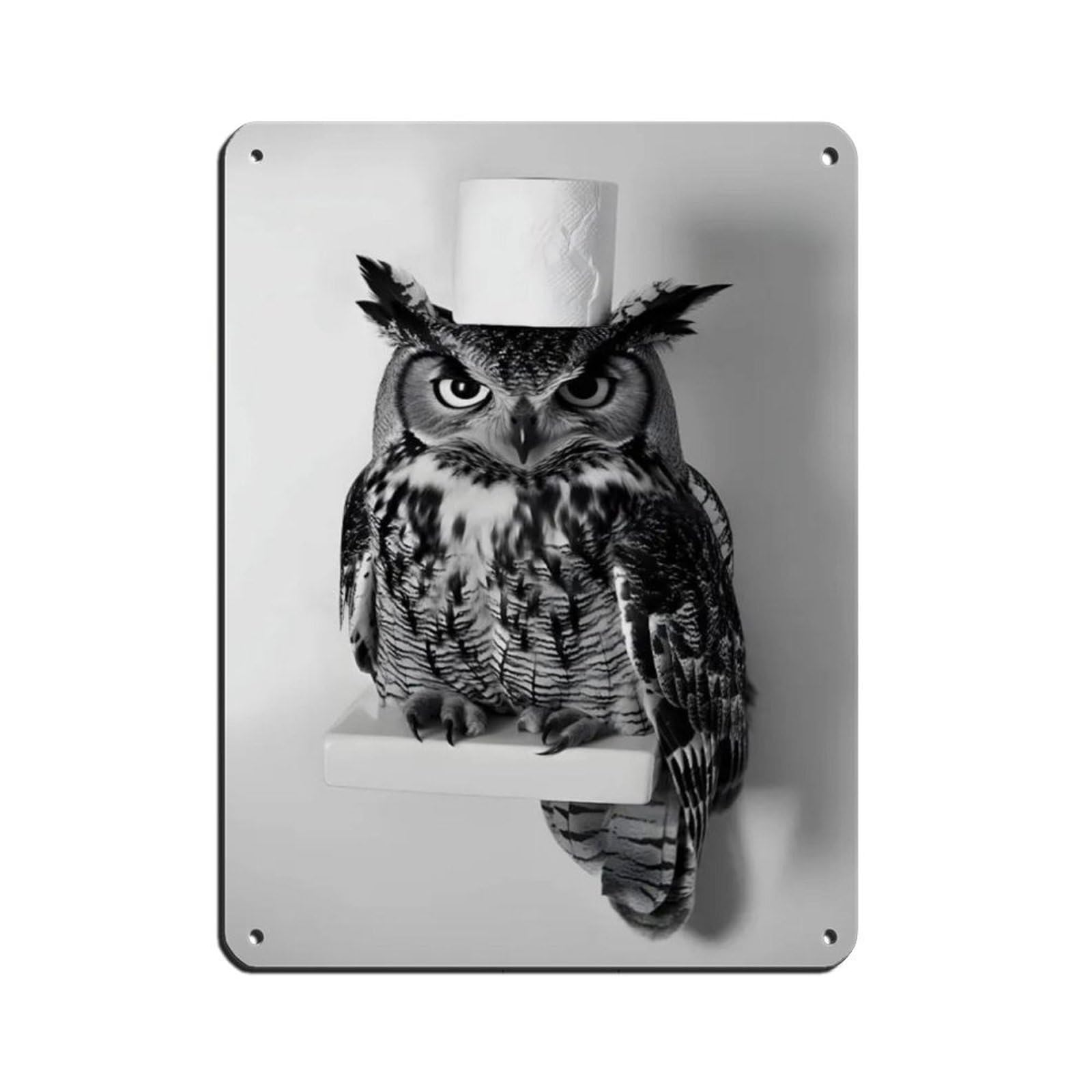 Owl with A Toilet Paper Roll on Head Retro Poster Metal Tin Sign Chic Art Retro Iron Painting Bar People Cave Cafe Family Garage Poster Wall Decoration 12x16inch(30x40cm)