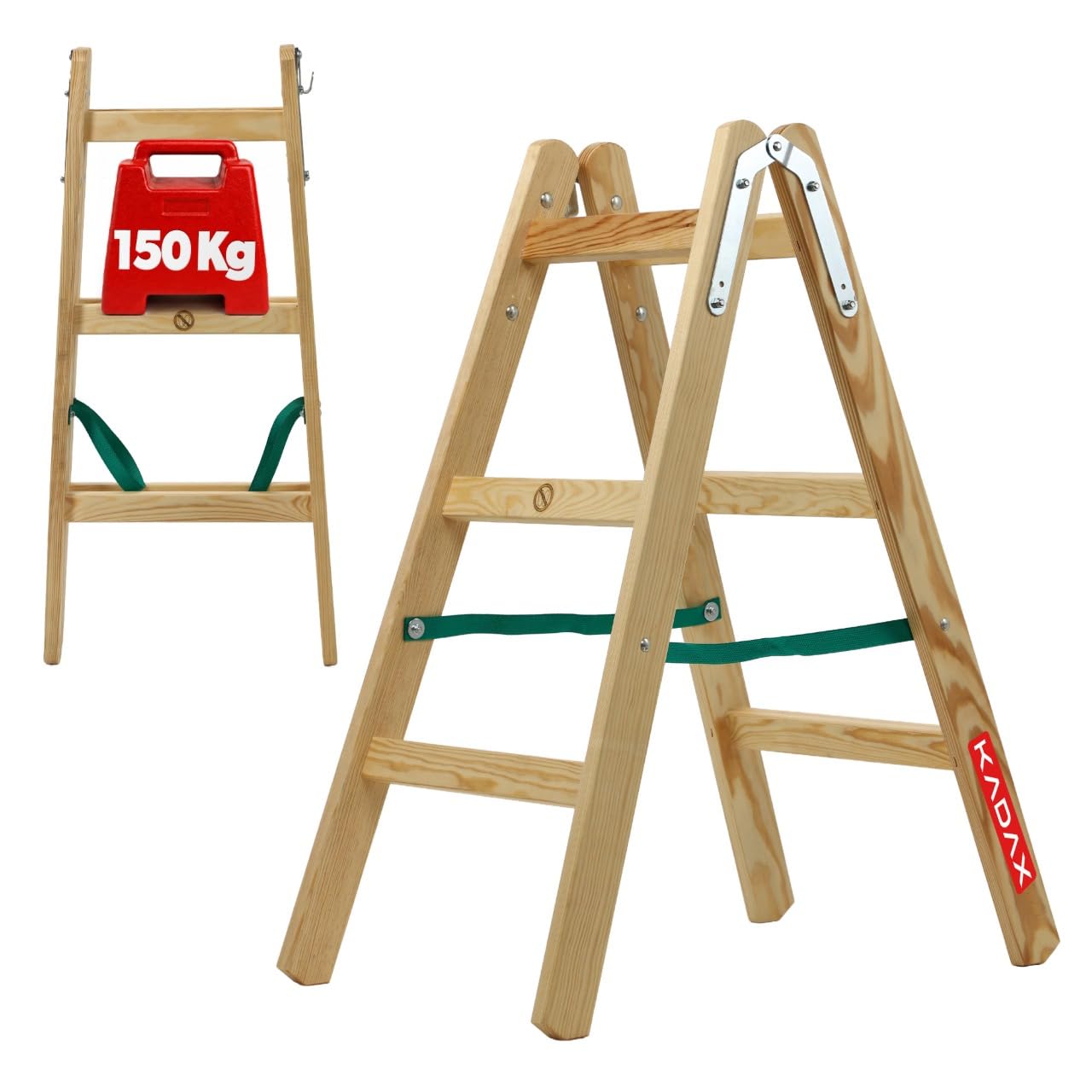 KADAX Escalera de Madera de Pino Imreganda con 3 Peldaños, Diseño Plegable y Soporte de hasta 150 kg, Ideal para Uso en Interiores y Exteriores