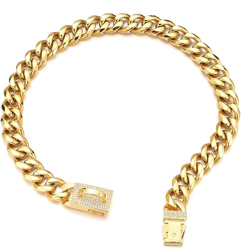 Miniatura 5 de Collar de cadena de oro para perro, collar de cadena de eslabones cubanos de 18 quilates con etiqueta de identificación de perro y campana de 0.591