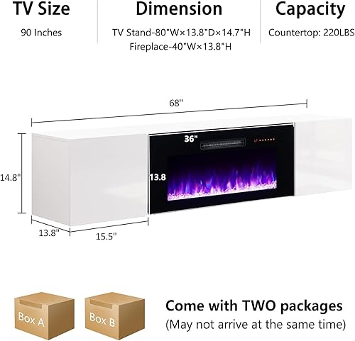 Miniatura 2 de AMERLIFE Soporte flotante para TV con chimenea eléctrica de 36", centro de entretenimiento de chimenea montado en pared con acabado de alto brillo