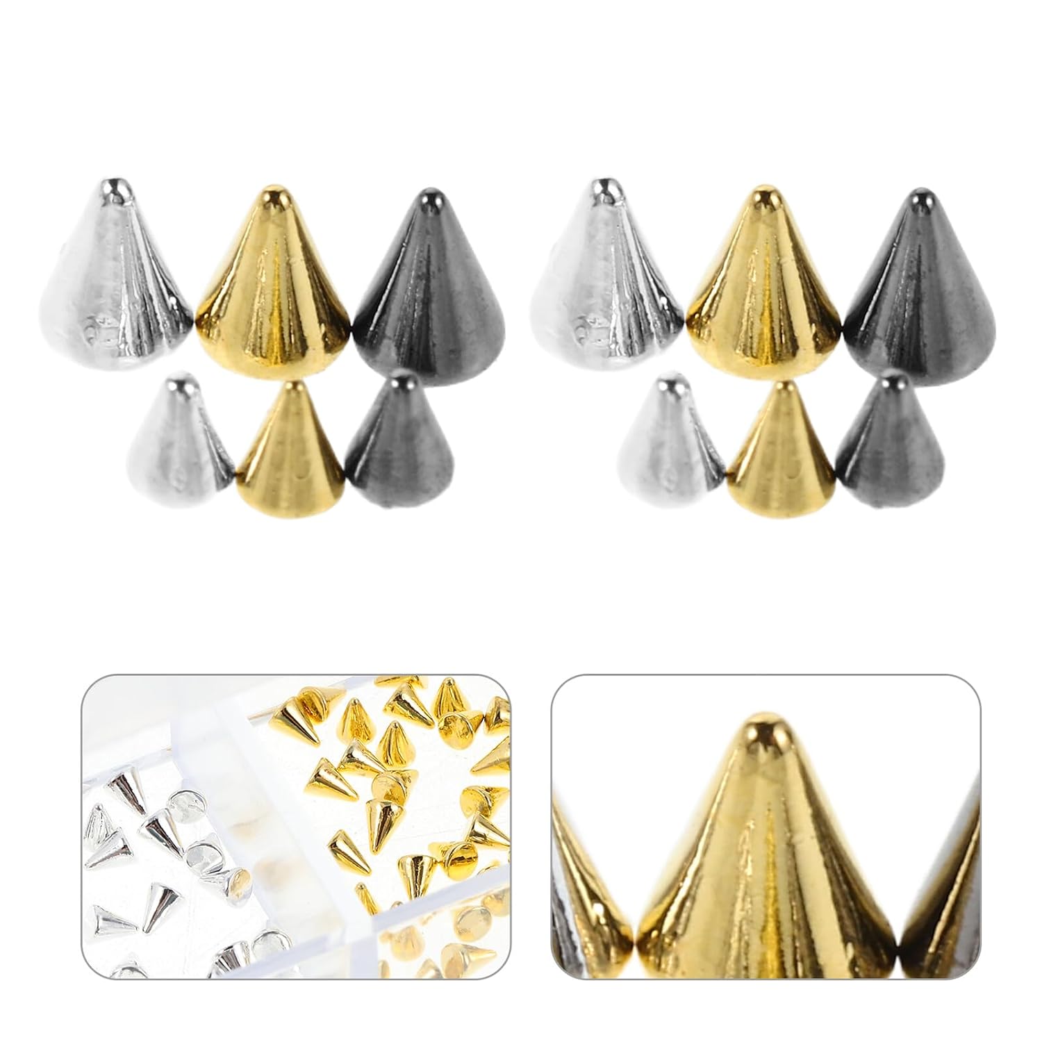 COLLBATH 3 Boxes Metal Nail Charms Flat-back Cone Spike Studs Punk Vintage Nail Art Jewels for Women DIY Manicure Party Accessories