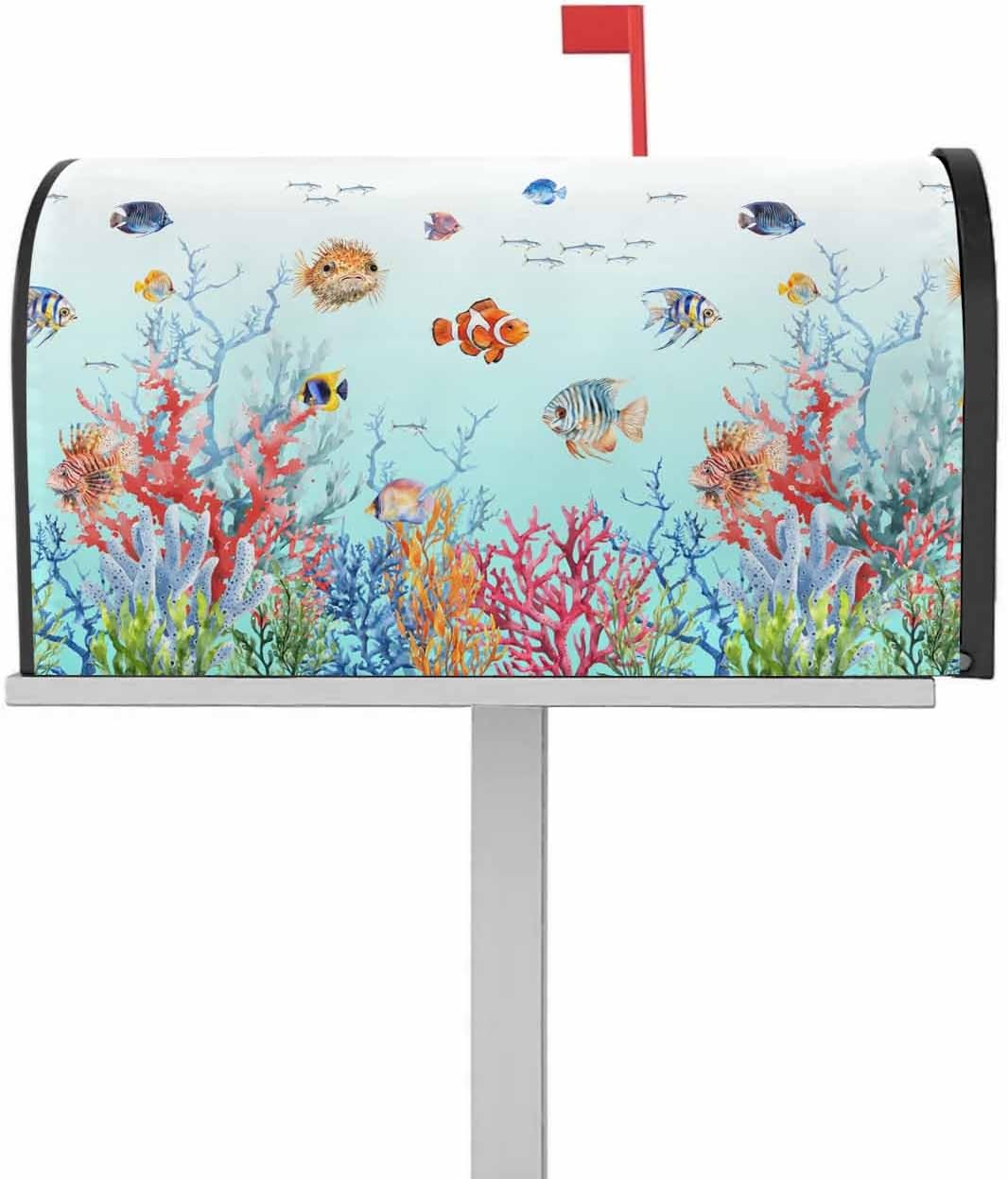 Turquoise Ocean Life Mailbox Covers Magnetic Standard Size, Summer Coastal Coral Fishes Decorative Post Letter Numbers Box Wrap Decoration Covers Small Accessories for Garden Yard Outdoor Décor