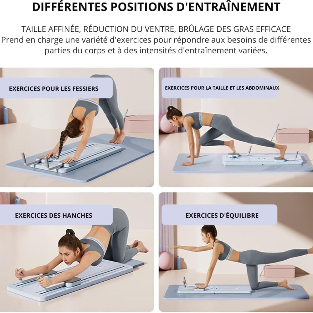 Reformer Pilates Multifonction avec Bandes de Résistance & 10 Exercices Inclus - Appareil Abdominale et Entraînement Complet du Corps pour Gym à Domicile, Pliable et Compact pour Un Rangement Facile