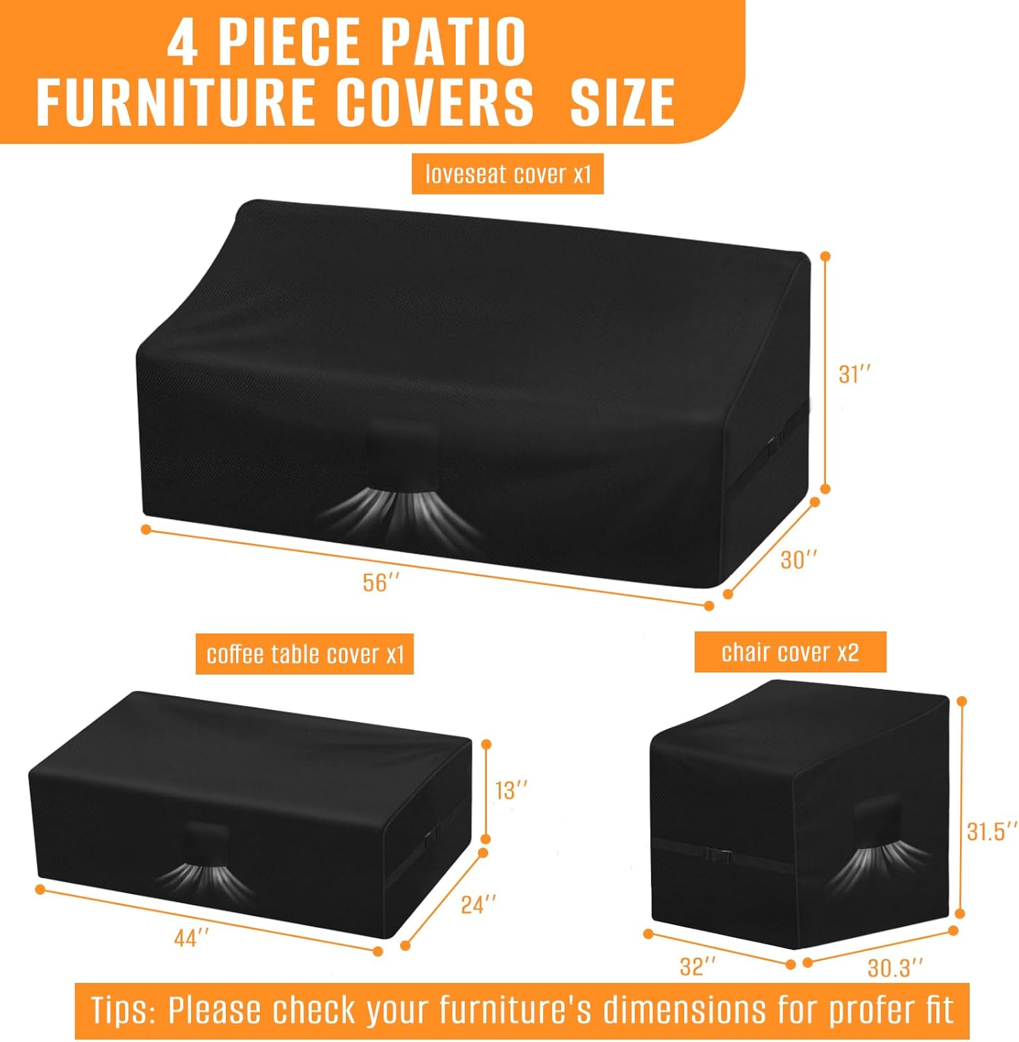 Kovshuiwe Patio Furniture Covers,4-Piece Outdoor Veranda Patio Garden Furniture Covers Set Waterproof - Upgraded 420D Heavy Duty Oxford Fabric Rattan Furniture Cover for Chair Sofa(Black)