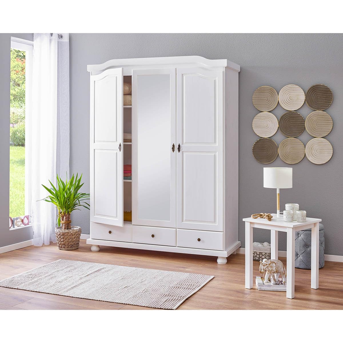 C L'AFFAIRE Armoire 3 Portes avec penderie Bois Massif Vernis Blanc - Neron