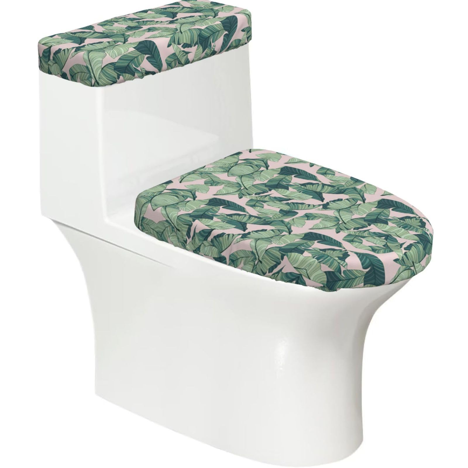 Green Palm Tree Leaves Pink Print Bathroom Decor Toilet Lid Cover And Tank Covers, Restroom Accessories Fits Most Round