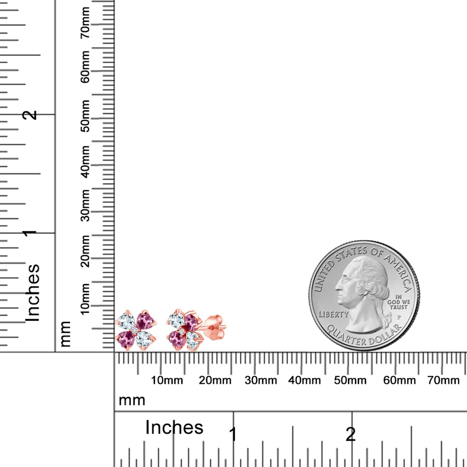 Gem Stone King 18K Rose Gold Plated Silver Sky Blue Aquamarine Pink Tourmaline and White Lab Grown Diamond Earrings For Women | 1.95 Cttw | Gemstone March Birthstone | Heart Shape 4MM - Image 3