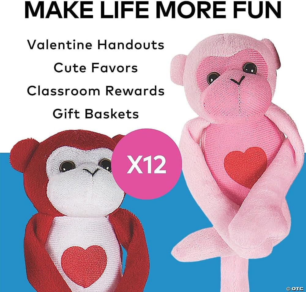 Fun Express Gorilla Stuffed Animal Monkey Plush Toys 12 Pack - Giant Long Arm Hanging Plushies for Valentine's Day | Jumbo Party Favors, Prizes & Holiday Decorations | Pink Red Hearts Design