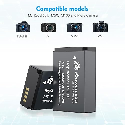 Miniatura 3 de Powerextra Paquete de 3 baterías LP-E12 y cargador USB, pantalla LCD inteligente compatible con batería Canon LP-E12 y cámaras digitales Canon