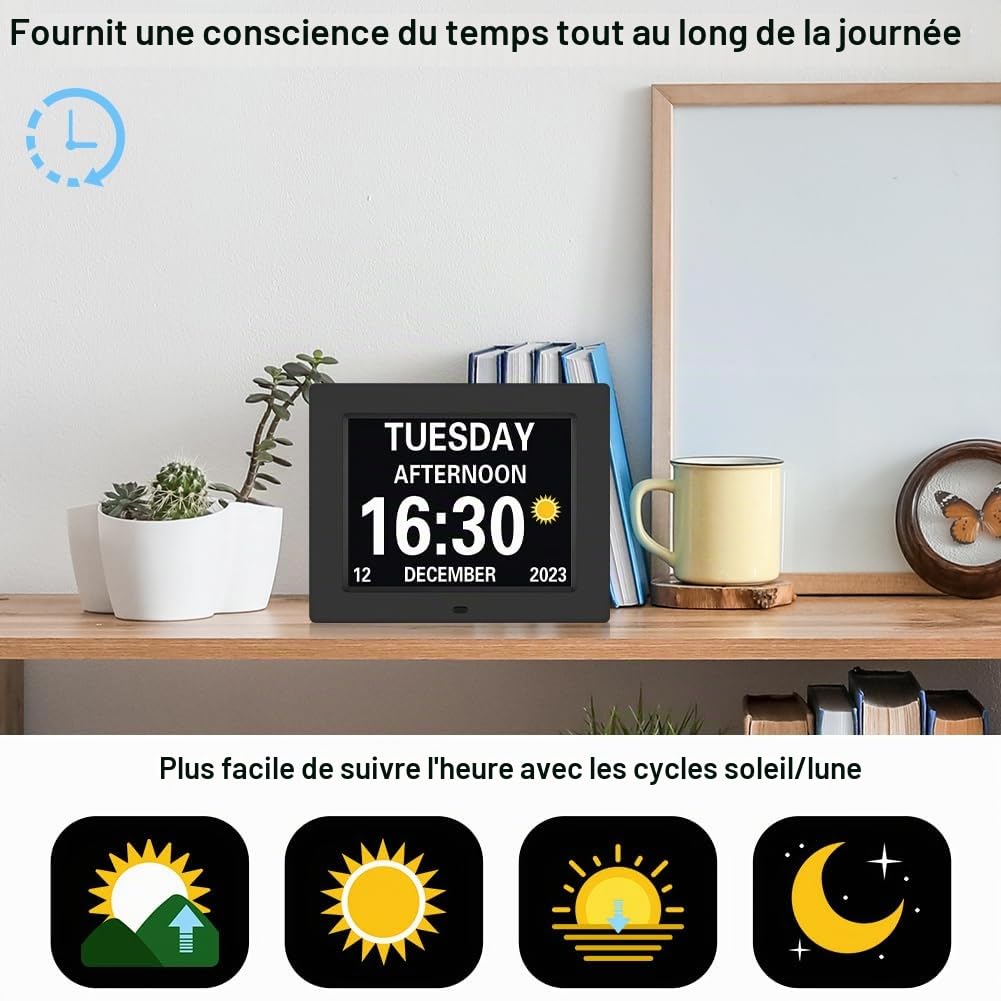 8 Pouces LCD Horloge Numérique Calendrier Multilingue Télécommandée Dimmable avec Date, Jour et Heure Cadre Photo Numérique pour Personnes avec Maladie d'Alzheimer