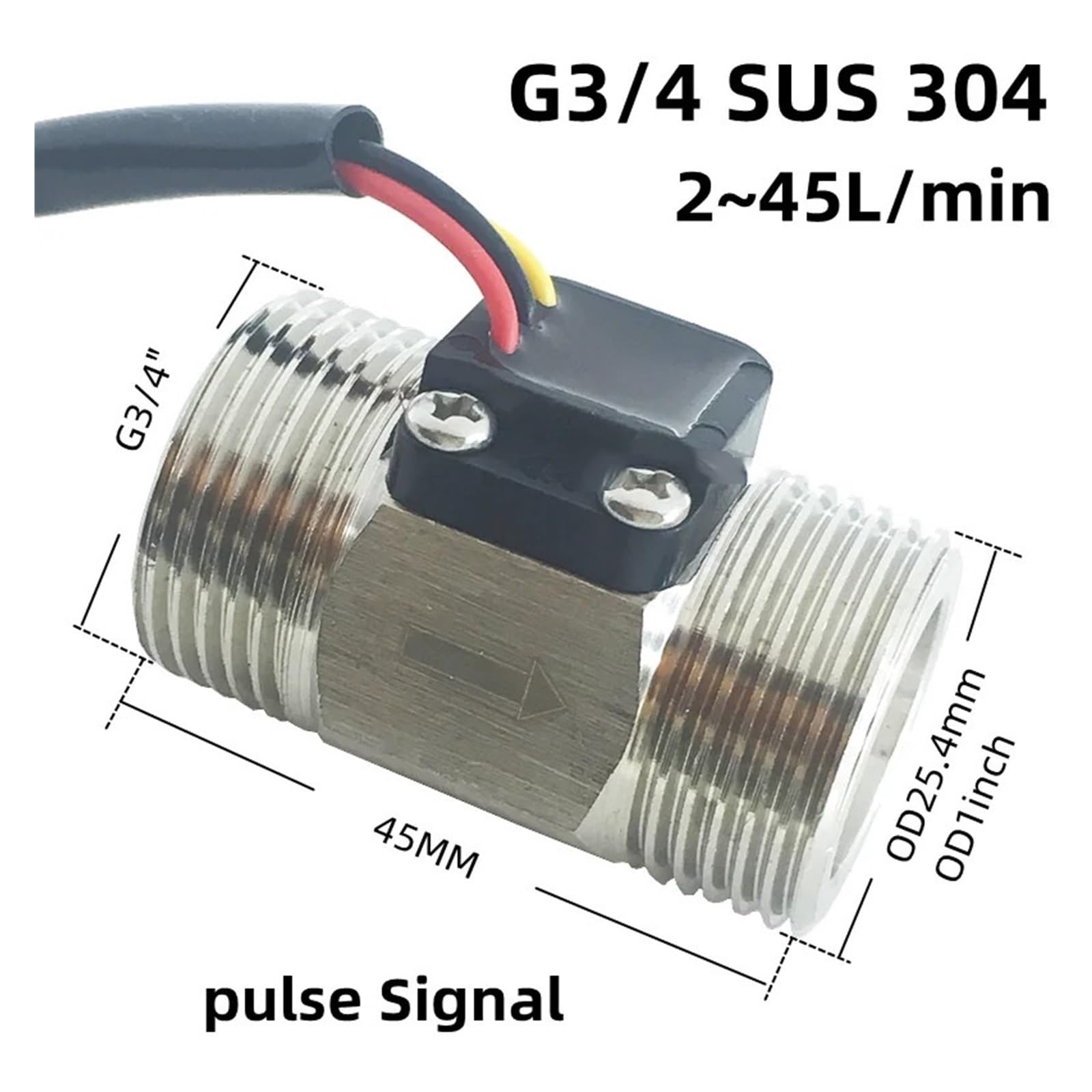 Flow Sensor Meter Digital Pipeline Water Flow 45mm G3/4 DN20 Thread Water Flow Sensor Magnetic Water Flow Meter Digital G3/4(DC3.0-18V)