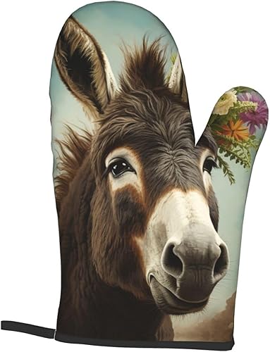 Miniatura 8 de Juego de 4 guantes de horno y soportes para ollas con estampado de animales burros, resistentes al calor, antideslizantes, guantes de horno y