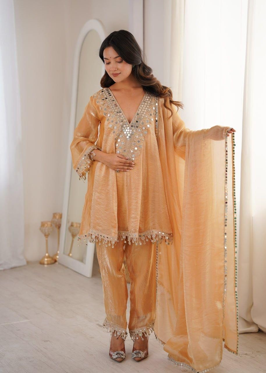 Women’s Fendy Fabric Kurti Pant Set with Dupatta Mirror Embroidered Lace Work Party Wear Outfit