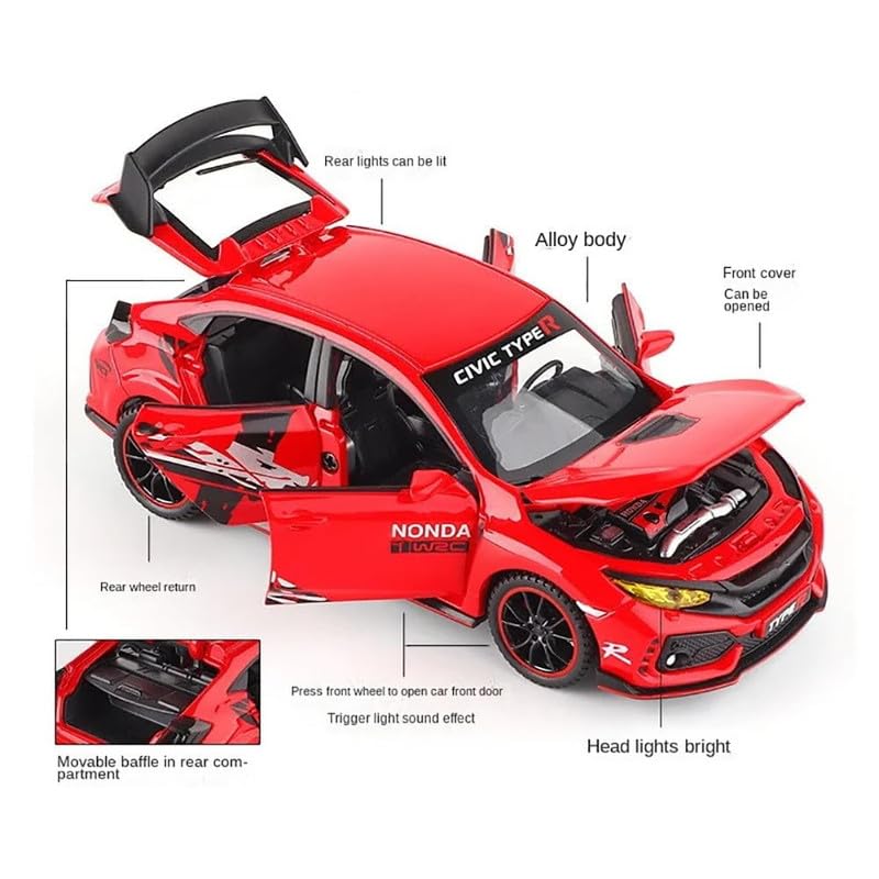 Image of PINQUE Kids New Car 1:32 Civic Type R Diecast Alloy Metal Pull Back Car with Openable Doors Music Sound and Light Vehicle Toy Car for Boys (Red)