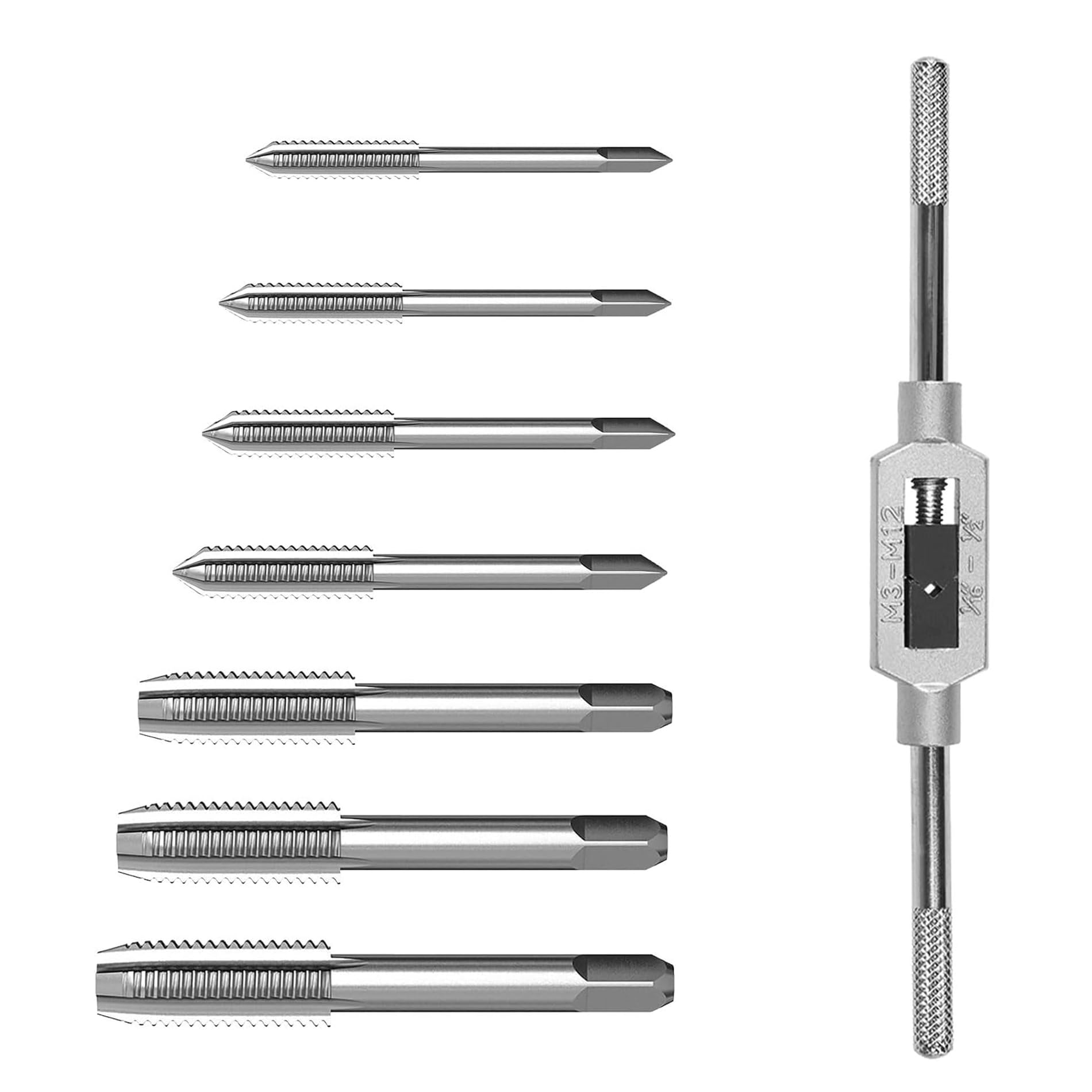 8 Pieces Metric Thread Tap Set, Tap Machine Hand Screw Thread Taps Set with M3-M12 Taps and Adjustable Wrench 1/16"-1/2", for Woodworking and Machinery Repair