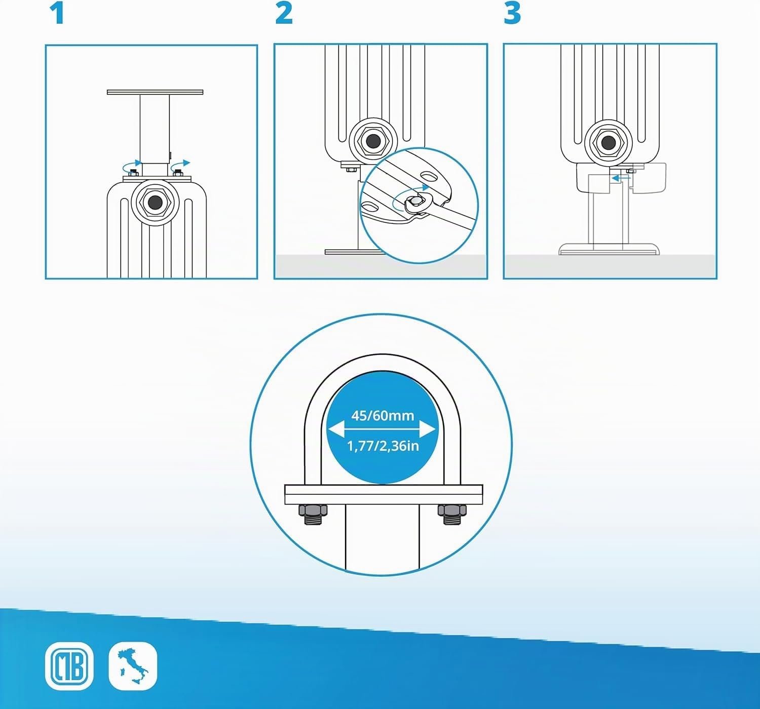 Supporto a pavimento per termosifoni tubolari aventi collettore con diametro da 45 mm a 60 mm con portata fino a 200kg. Sistema Anti Sgancio avanzato per massima sicurezza.