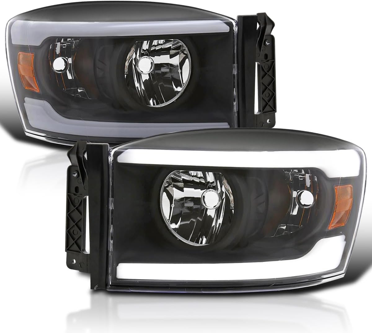 SPEC-D TUNING Black Headlights w/LED Bar Compatible with 2006-2008 Dodge Ram 1500/2500 / 3500, 2007-2009 Dodge Ram 2500/3500, Left + Right Pair Headlamps Assembly