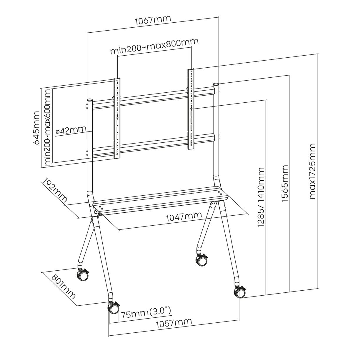 KIMEX - Support écran TV Mobile - sur roulettes avec étagère - 50"-86" - 030-4386