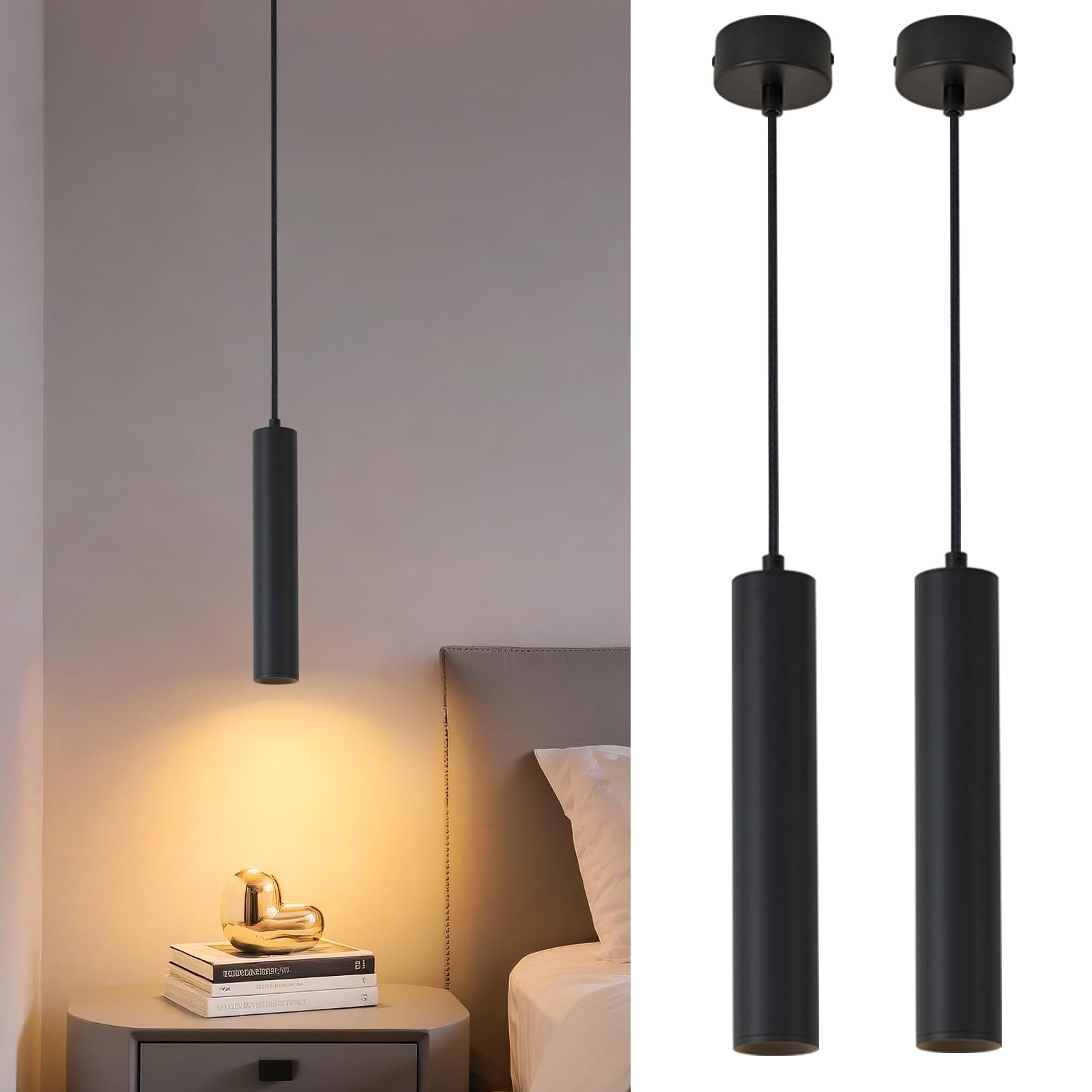 Pendelleuchte Schwarz, Hängelampe GU10 Zylinder mit 5W LED Leuchtmittel, Moderne LED Hängeleuchte für Schlafzimmer Nachttisch,Küche, Esstisch, Wohnzimmer Warmweiß 3000K (30cm 2Stück)