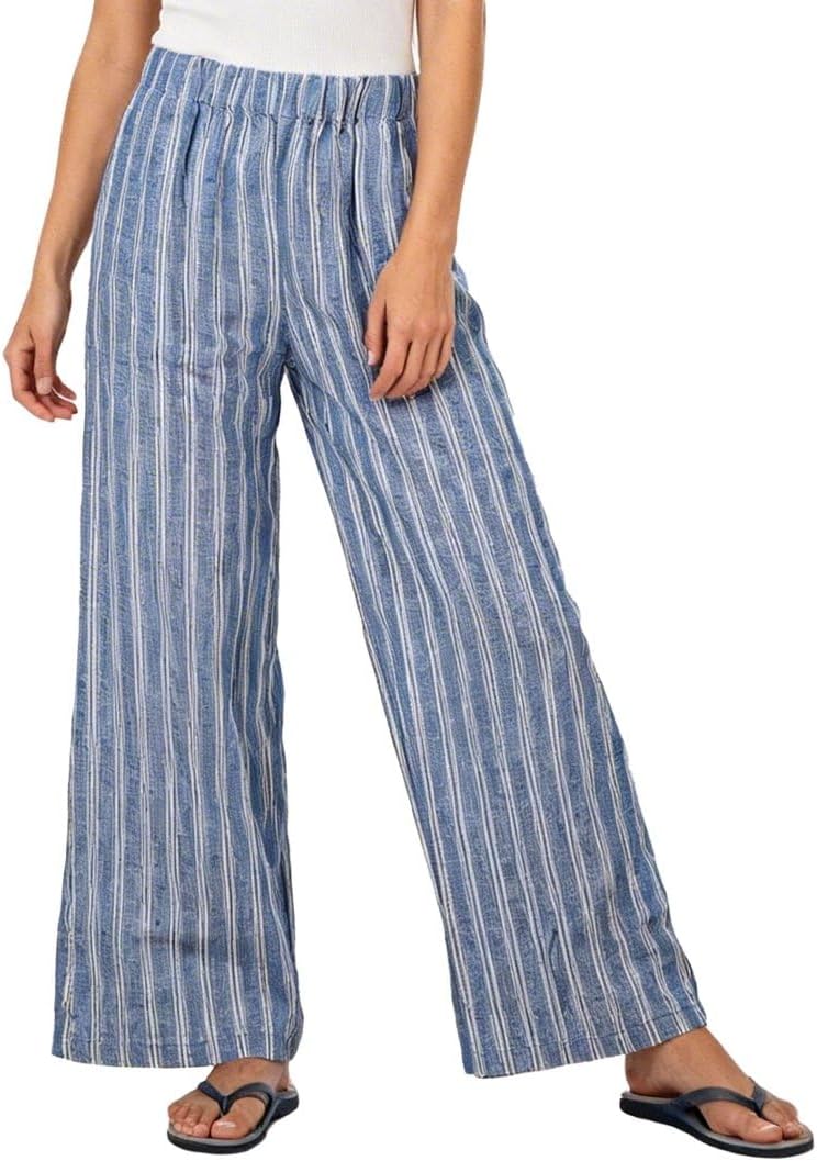 Amazhiyu Women's 100% Linen Summer Casual Elastic Waist Stripes Wide Leg Pants