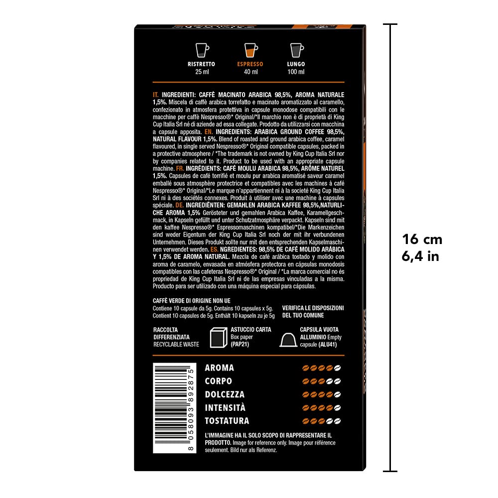 King Cup - 10 Confezioni da 10 Capsule di Caffè Espresso con Caramello, 100 Capsule in Alluminio Compatibili con Sistema Nespresso di Caffè Aromatizzato al Caramello in Capsule Salva Aroma da 5 Gr