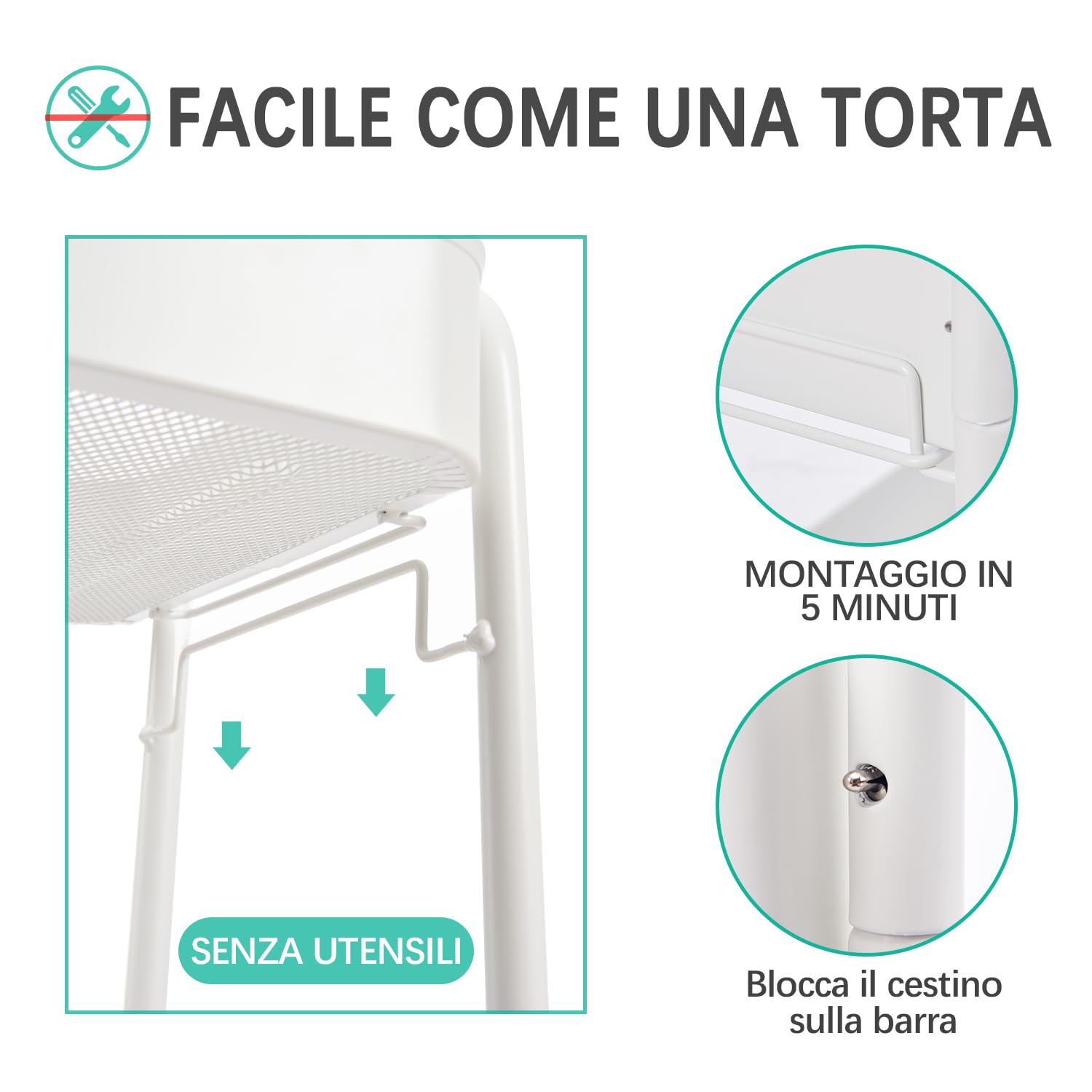 KINGRACK Carrello da cucina, carrello a rotelle a 3 piani, in metallo, con ruote, maniglie per ufficio, salone, tutti i veicoli per cucina, bagno, cosmetici, senza viti, facile da montare (bianco)