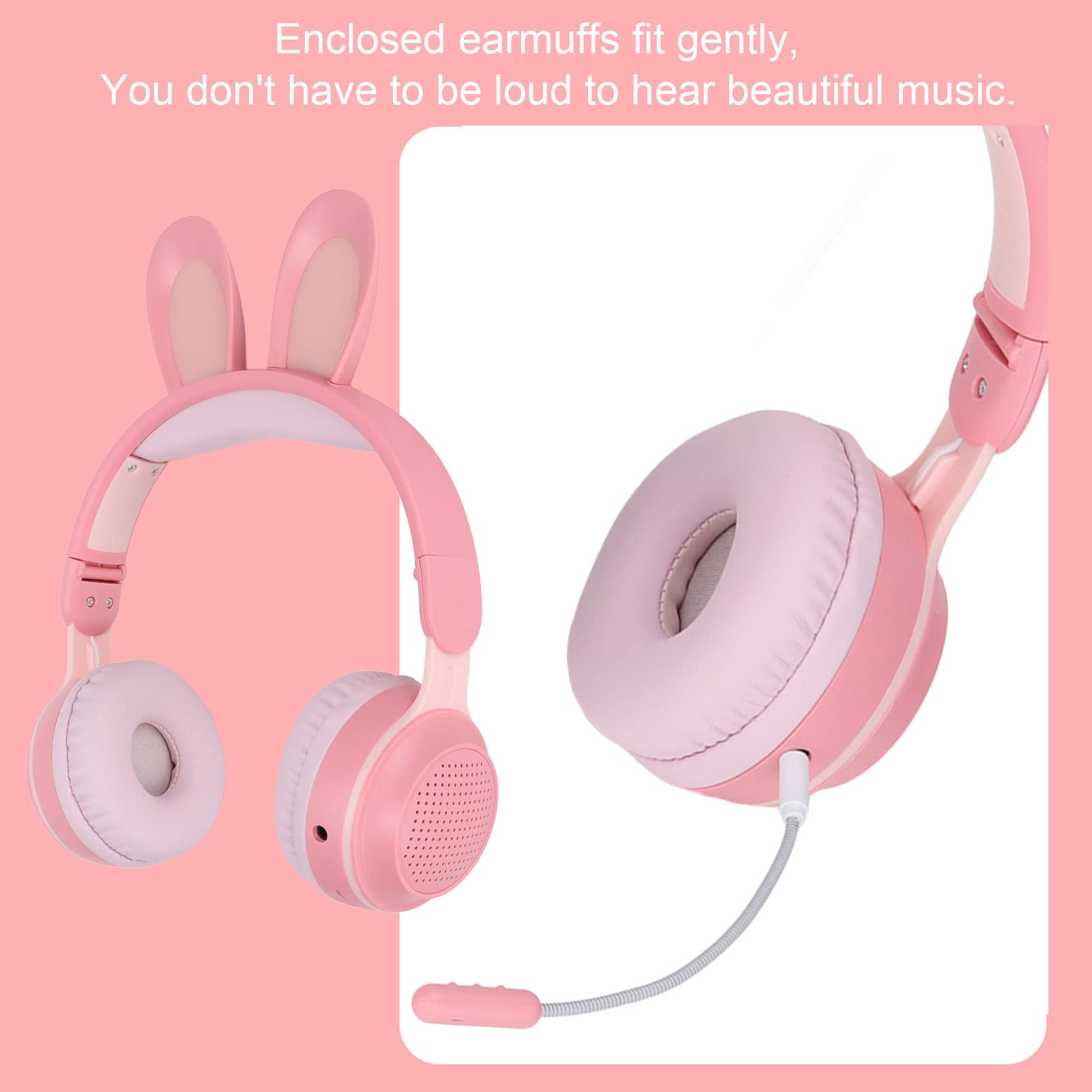 Cuffie Bluetooth 5.0 Pieghevoli con Microfono Simpatico Orecchio di Coniglio Cuffie Over-Ear Wireless per Bambini Verdi Adolescenti Adulti, 12 Ore di Ascolto, TF/Aux, 7 Modelli Integrati Luce(Rosa)