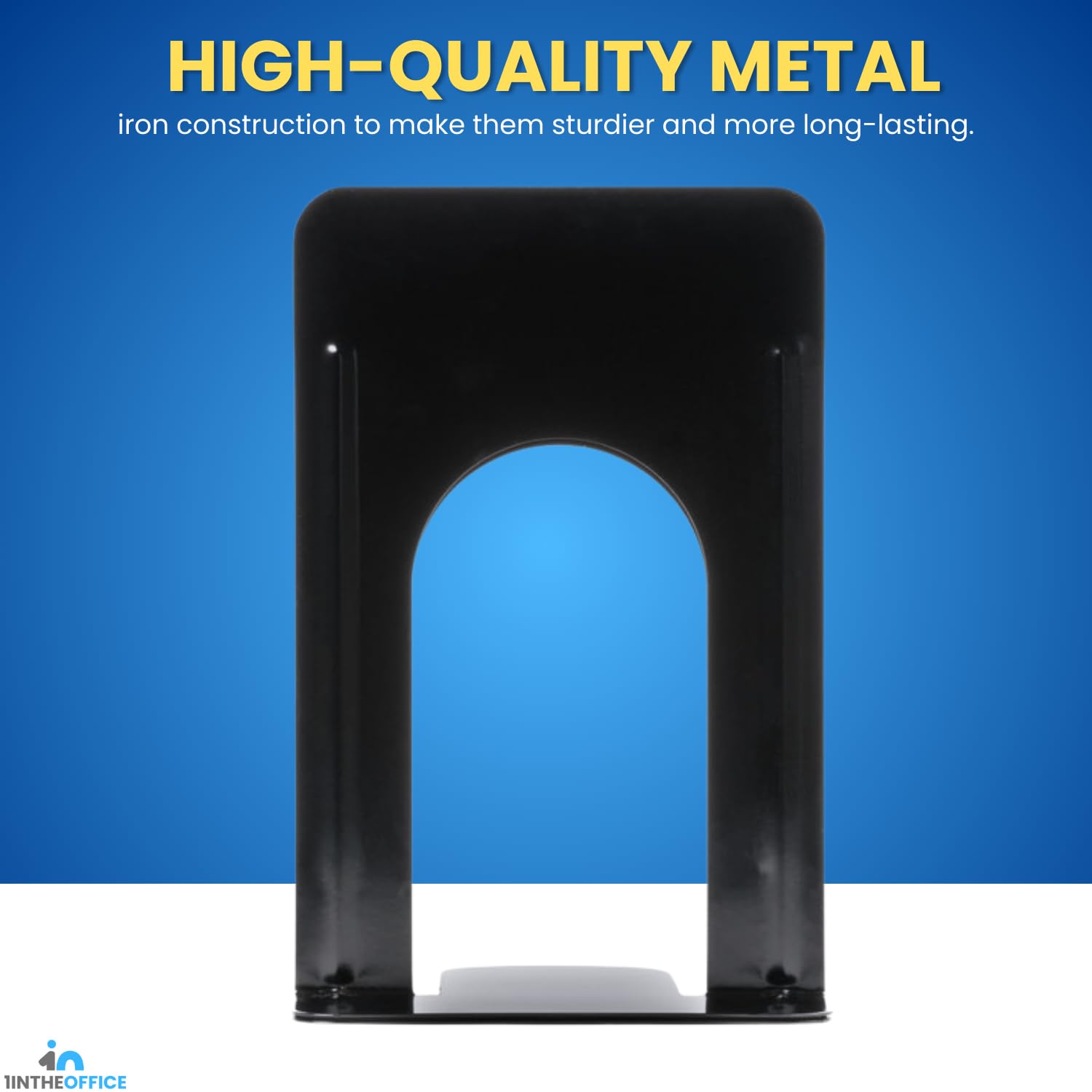 1InTheOffice Sujetalibros de metal, sujetalibros de metal resistente, sujetalibros de metal para estantes, sujetalibros negros, 8 1/4 pulgadas x 5 7/8 pulgadas x 9 pulgadas, paquete de 4