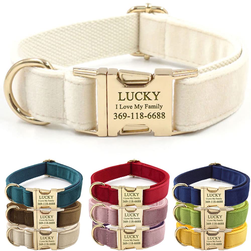 PETDURO Personalized Dog Collar Cream Soft Velvet for Large Medium Small Boy Girl Dogs - Custom Collar with Name Phone Engraved on Gold Metal Buckle -