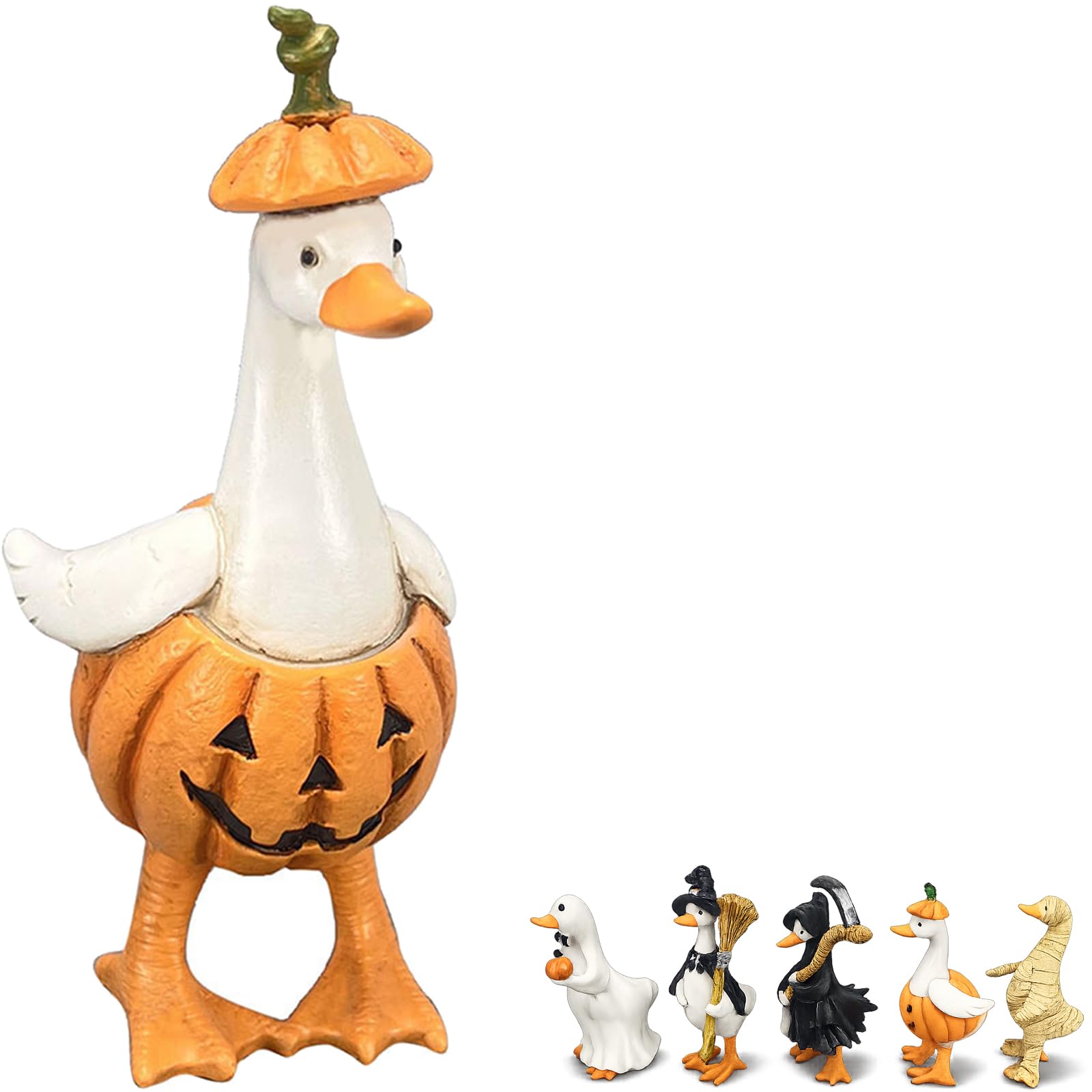 Halloween Goose Figurines Set, Resin Tabletop Decorations (Pumpkin)
