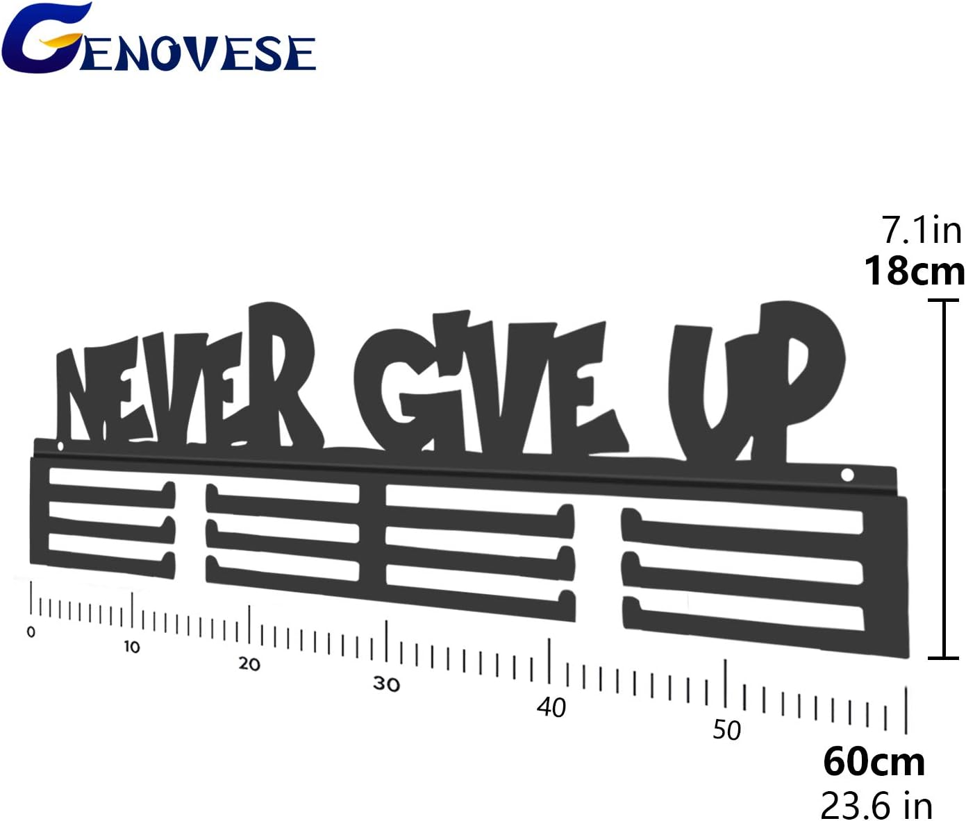 GENOVESE Never Give Up Medal Holder Display Hanger Rack Frame,Super Sturdy Black Steel Metal, Wall Mounted Sports Medals