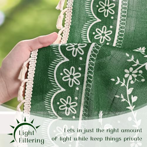 Image of Yinhua Boho Valance Curtains Vintage Linen Kitchen Valances for Windows Light Filtering Bohemian Floral Valance Rod Pocket Tassel Window Valances for Bathroom Cafe, 52 inch W X 18 inch L, Olive Green