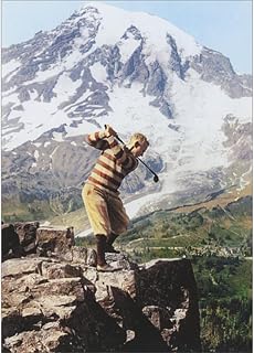 Avanti Press Golfer in Stripe Sweater on Cliff Swinging at Golf Ball Vintage Photo Birthday Card