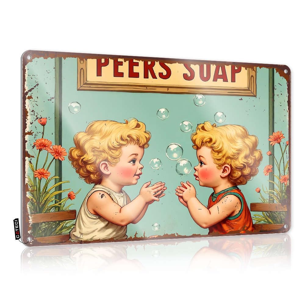 Sujd Colour Art Tinsign Wall Art - Two Children Playing With Bubbles. Gift For Fisherman Awesome Retro Style Decoration For Garage(20X30cm)