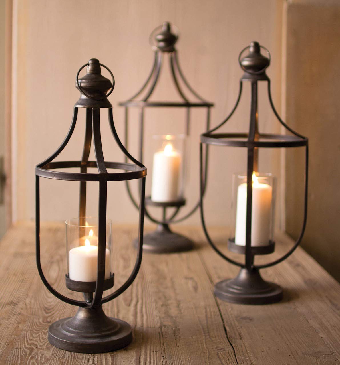 Vintage Style Black Metal Lanterns Set Three Pillar Candle Glass Hurricane