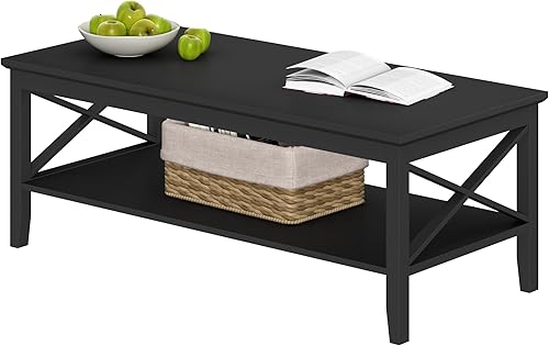 Miniatura 22 de ChooChoo Mesa de centro Oxford con patas más gruesas, mesa de centro de madera negra con almacenamiento para sala de estar Negro -,Negro y