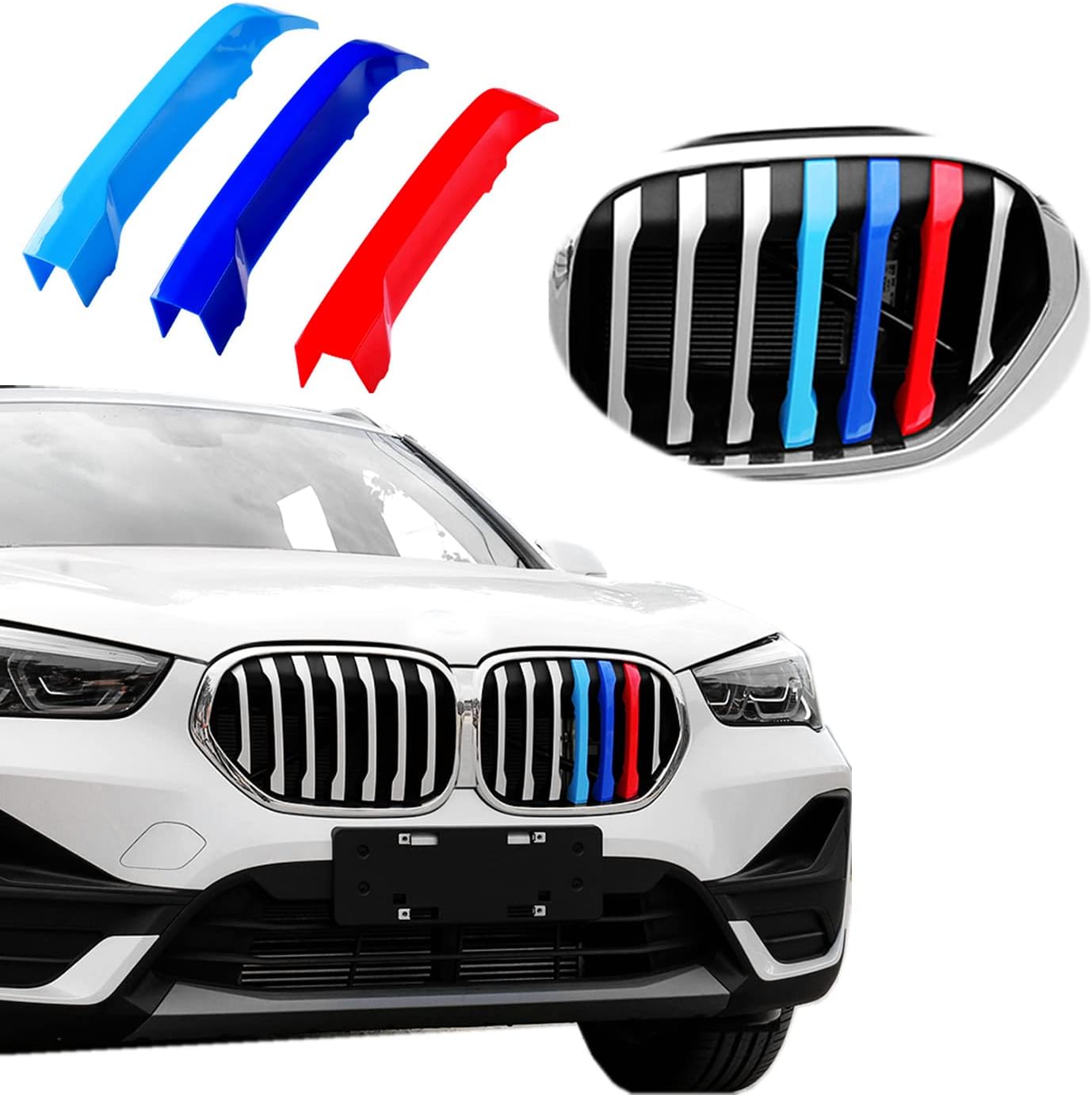 Tricolored Grille Insert Trims Compatible With BMW 2016-2019 X1 Accessories for w/Standard 7-Beams Kidney Grille