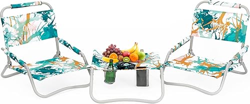 #WEJOY Juego de 2 sillas de playa y mesa, mochila ligera y plegable, silla de playa para exteriores, playa, césped, camping, picnic, juego de sillas
