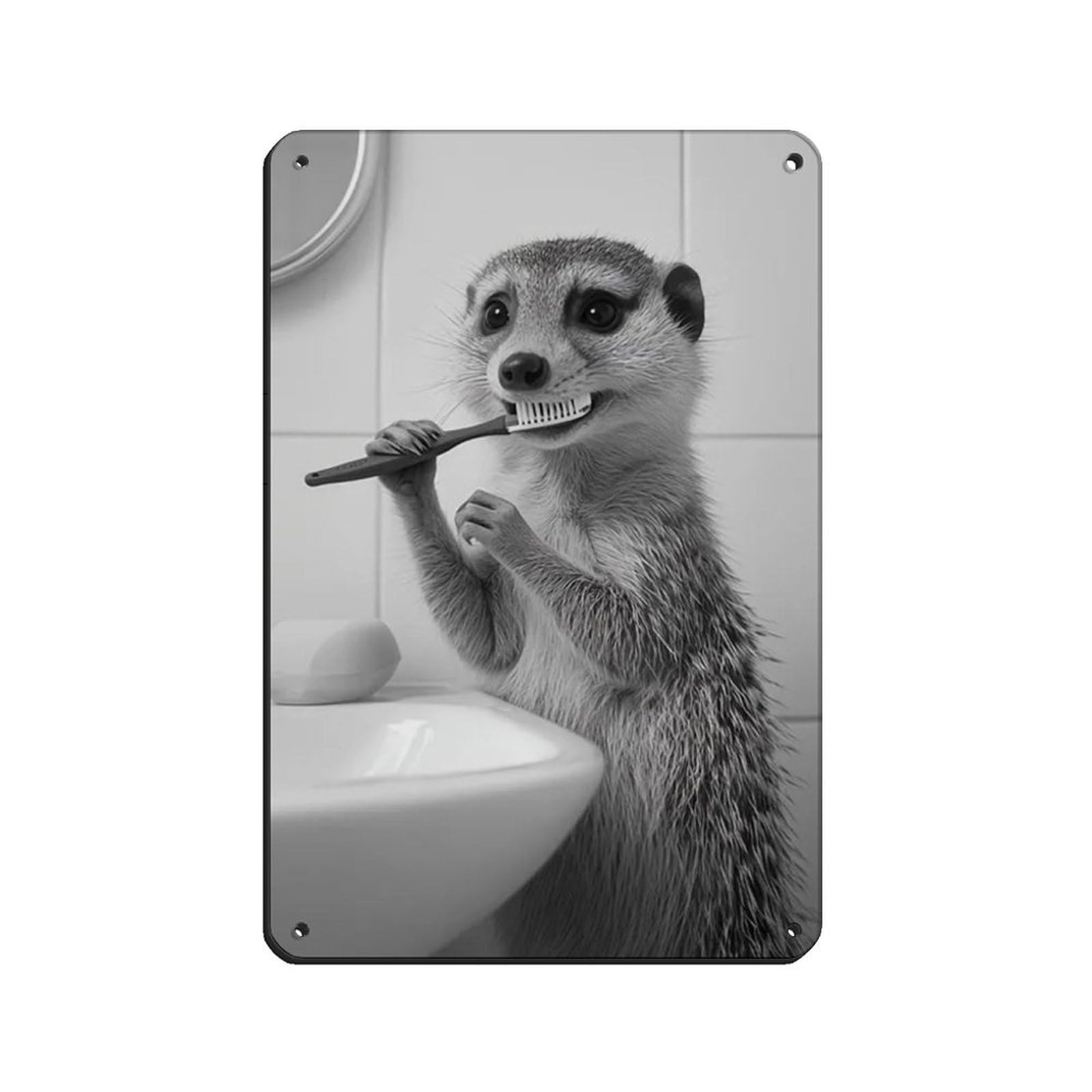 Mongoose Brushing Teeth, Funny Bathroom Art Tin Sign Vintage Metal Pub Club Cafe Bar Home Wall Art Decoration Poster Retro 8x12inch(20x30cm)