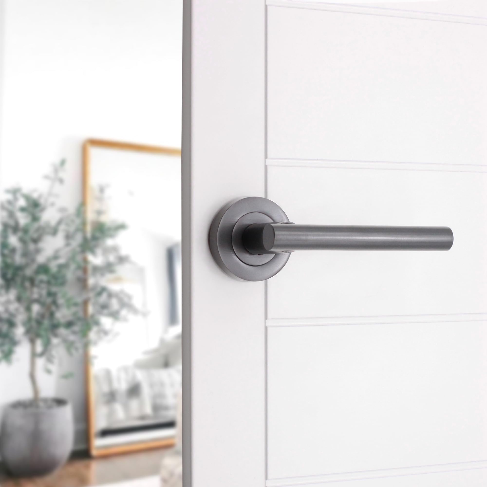 Infinity Decor Pack of Straight T-Bar Gun Metal Grey Lever Door Pull Door Handles on Sprung Rose Pair - for Interior & Exterior Doors - Image 2