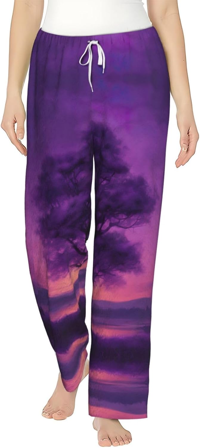 Purple Twilight Print Cozy Christmas Pajama Pants,Flannel Pajama Bottoms,Cater To Various Body Types