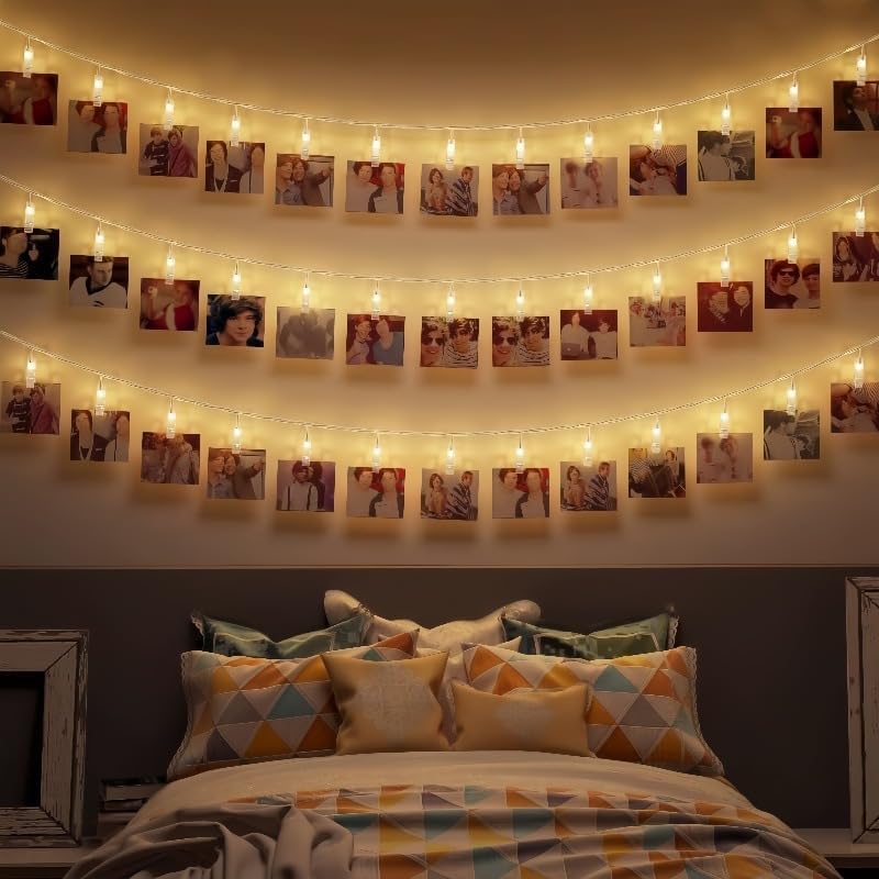 Image of MoonlitDreams Romantic Photo Clip String Lights - 14 LED 3 Meter Warm White Fairy Lights for Bedroom, Wall & Picture Decor | Valentine's Day, Party & Wedding Decoration (Pack of 1)