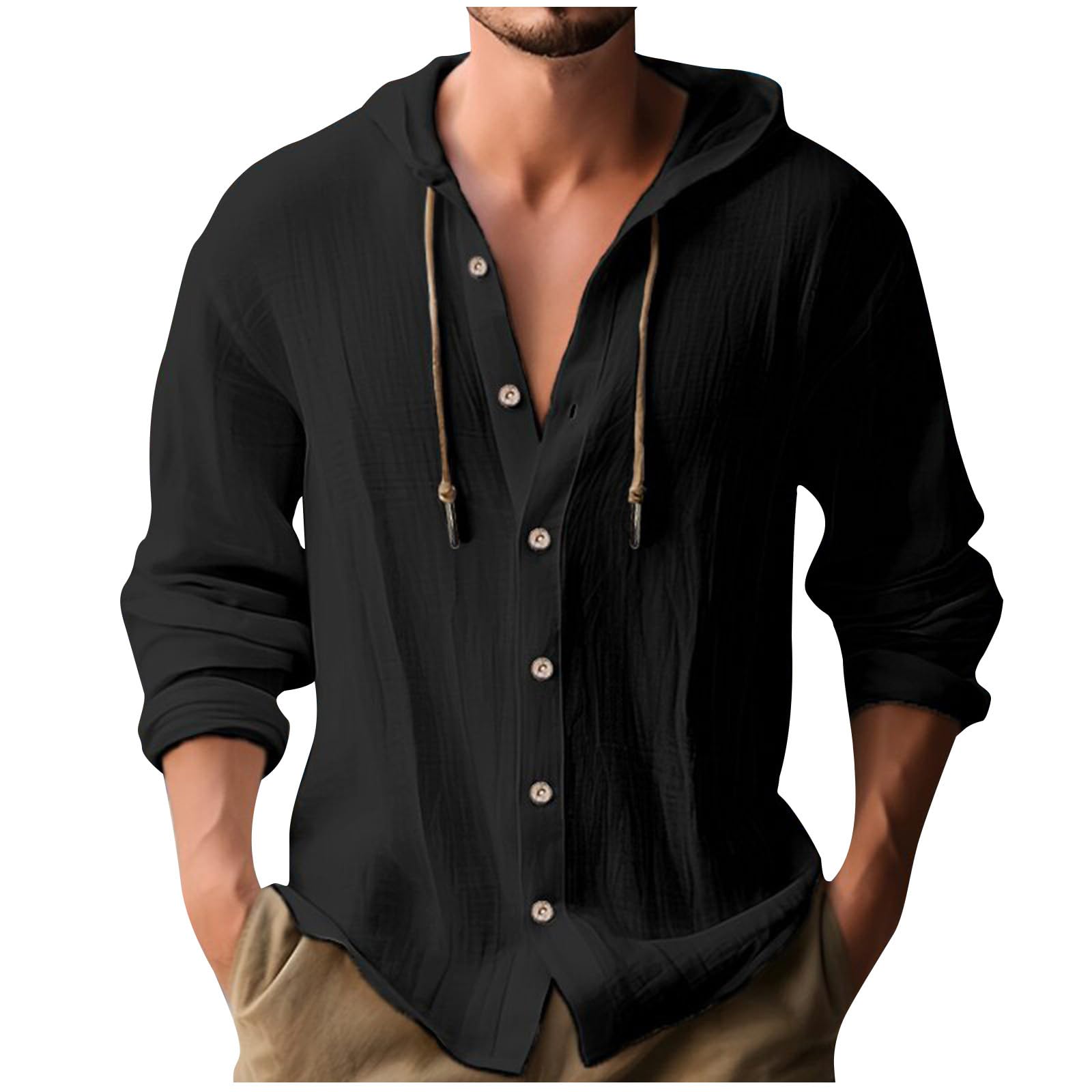 luoluoluoLinen Hoodies for Men UK Sale, Casual Drawstring Hoody Sweatshirts Long Sleeve Button Down Shirts Plain Hooded Pullover Athletic Hoodies Cotton Linen Shirt Gym Sports Shirts Comfy Running Tops