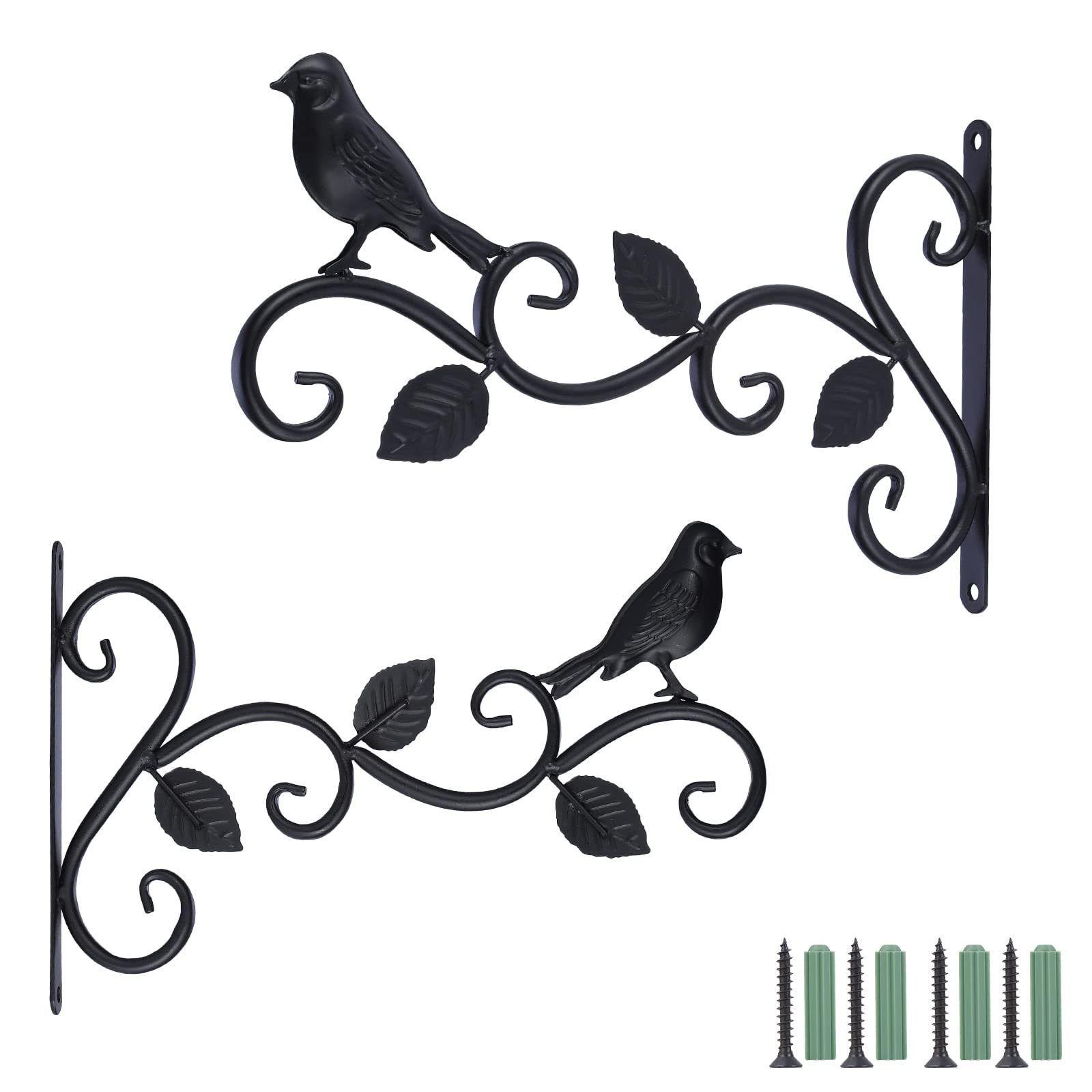 Kyrio Lot de 2 supports de panier à suspendre pour extérieur, 30,5 cm, crochets décoratifs en métal pour plantes suspendues, mangeoires à oiseaux, lanternes (3 feuilles), Noir, 30cm L x 19cm H
