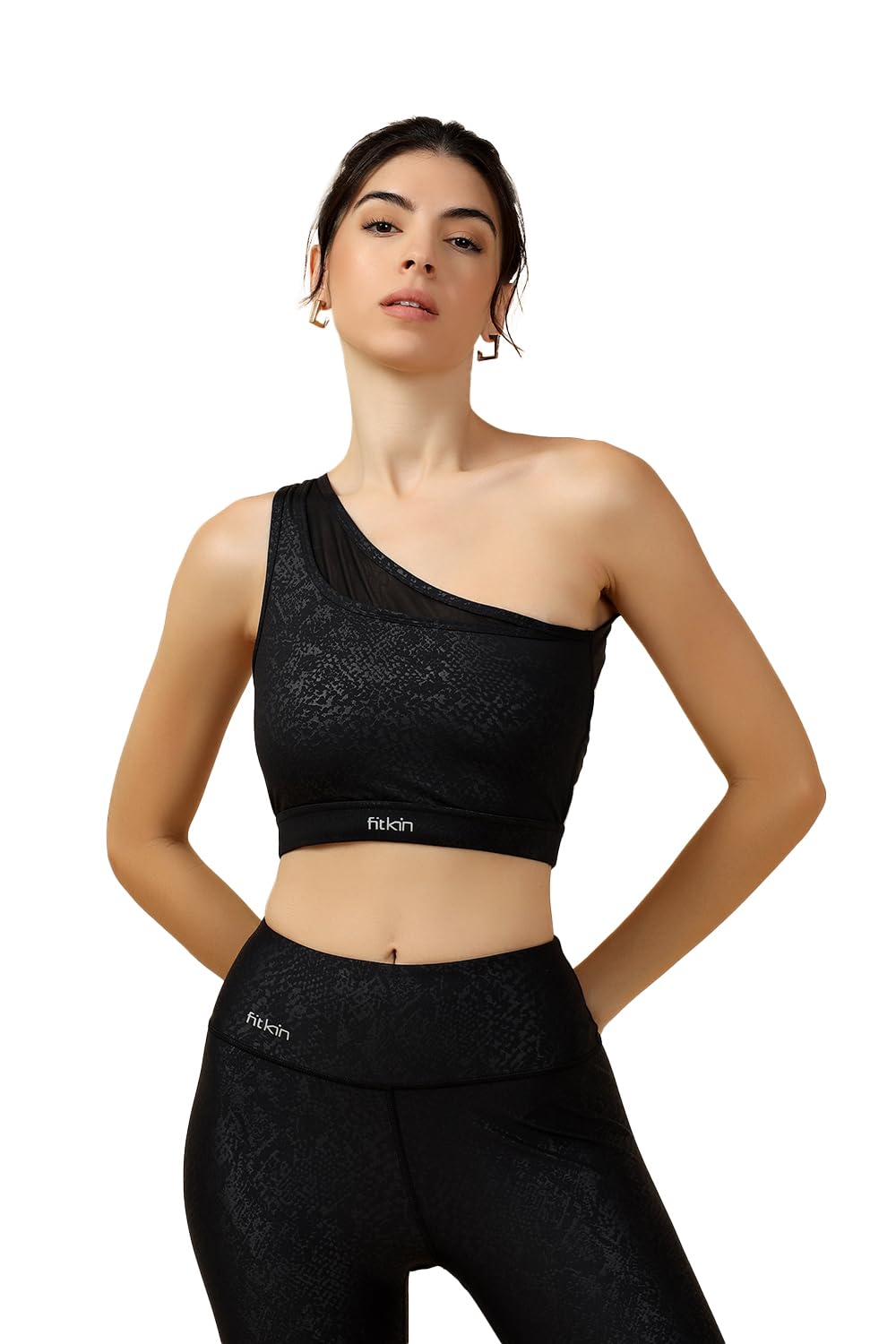 FITKIN Women One Shoulder Sports Bra | Removable Padding Non-Wired Full Coverage Gym & Yoga Workout Bra-image-26