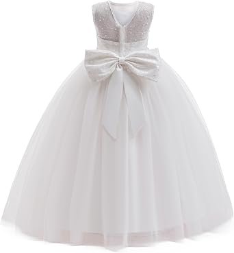 Girls Sequin Tulle Dress Formal Pageant Sparkly Birthday Party Wedding Guest Ball Gown Dresses with Bow