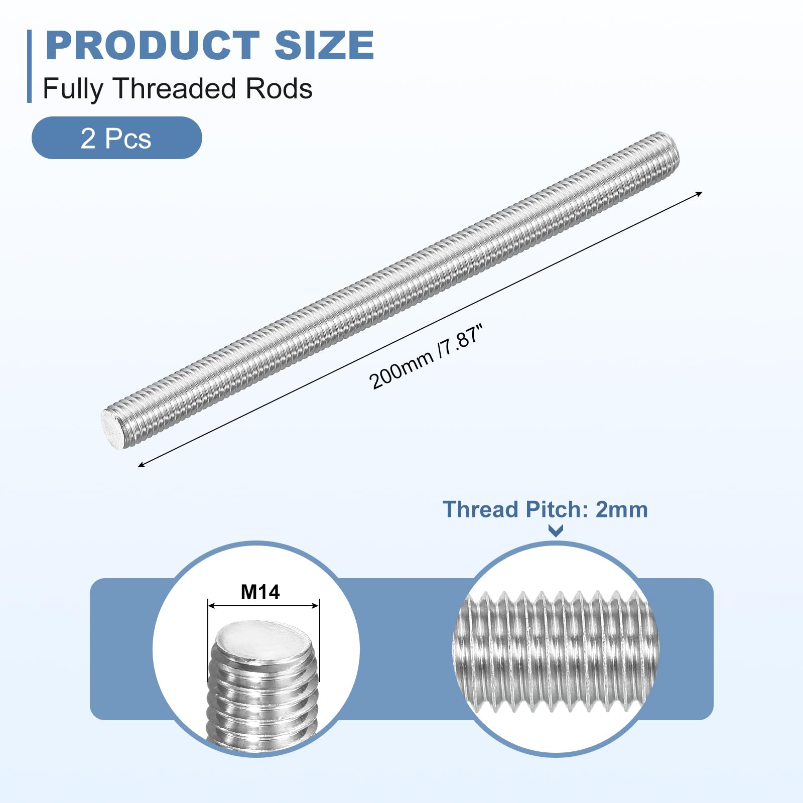 sourcing map M14-2,0 x 200 mm Vollgewindestangen, Gewindestangen, 304 Edelstahl, lange Gewindeschrauben, Hardware für U-Bolzen, Anker, Klemmen, Aufhänger, Silber, 2 Stück